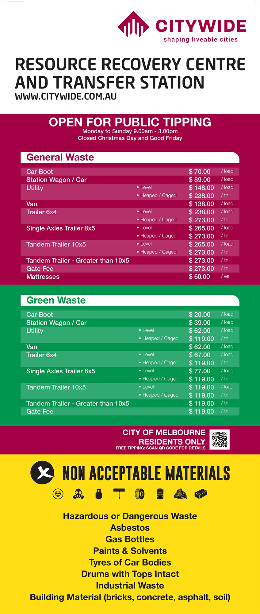 Citywide Dynon Road Waste Transfer Station Gate Prices
